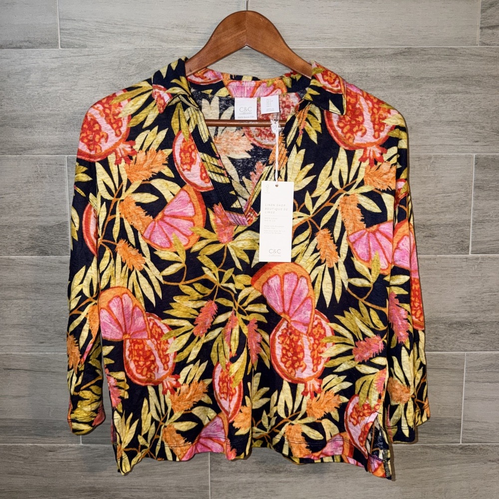 C&C California Linen Tropical Print V-Neck Top Woman's Size S Navy Orange NWT
